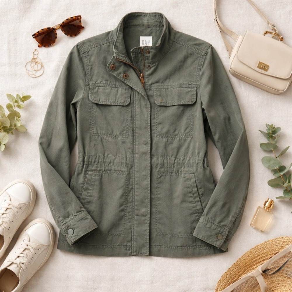 GAP Womens Olive Green Utility Field Jacket Full Zip Snap Front Small